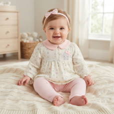 N14758: Baby Girls Waffle Fabric Tunic, Legging & Headband Outfit (0-9 Months)